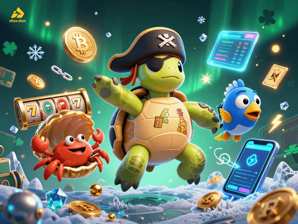Menggali kesenangan di situs slot dengan karakter kura-kura bajak laut, kepiting, dan ikan parrot di antara simbol jackpot dan cryptocurrency.