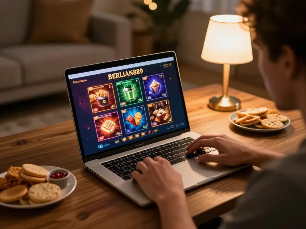 Engaged player strategizing with BERLIAN889 online casino interface displayed on laptop, cozy home atmosphere.