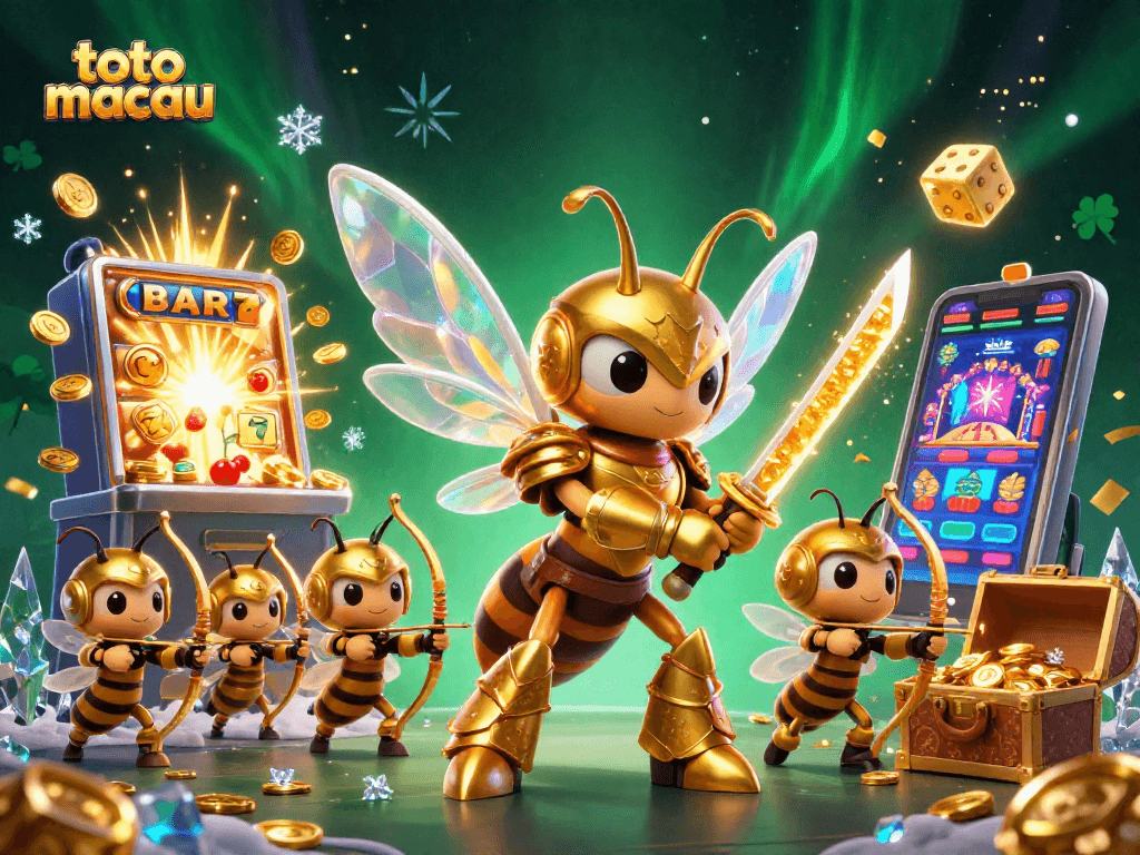Mengalami keseruan bermain toto macau dengan karakter 3D berwarna emas dan mesin slot raksasa, disertai efek koin dan cahaya yang menakjubkan.
