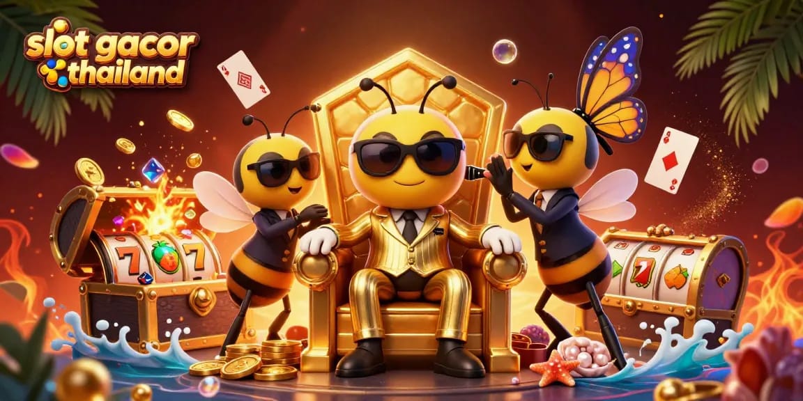 Experience big wins with slot gacor thailand, featuring a vibrant 3D cartoon scene of characters and slots.