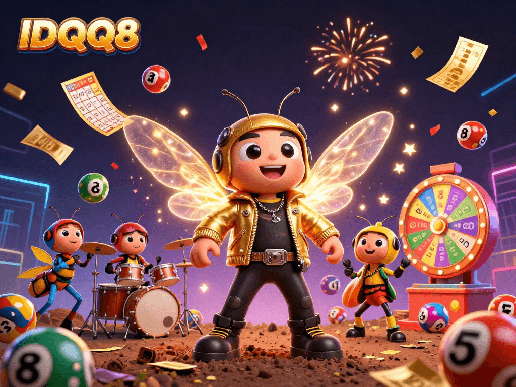 Join the excitement of IDQQ88 with a buzzing rock star and vibrant lottery elements!