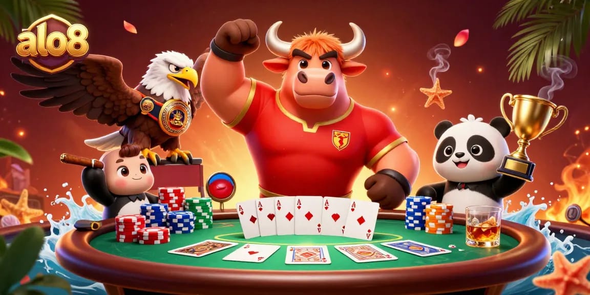Alo8 enhances casino excitement with a bull mascot, eagle, and panda around poker elements.