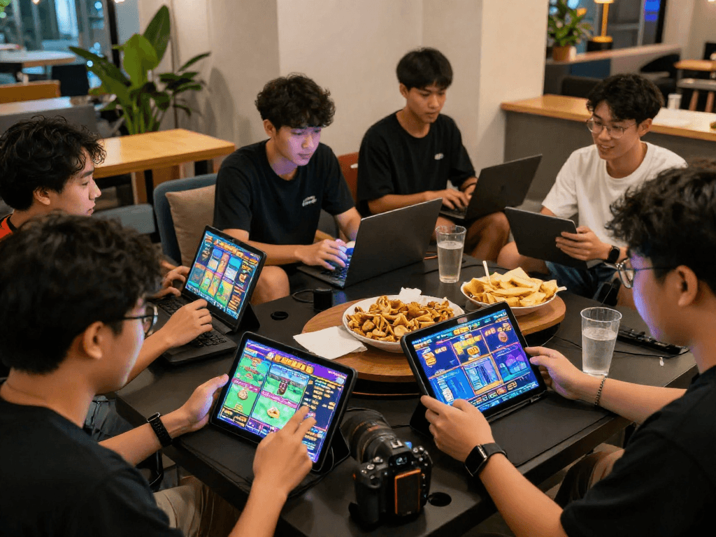 Group of diverse players enjoying slot gacor games online with engaging graphics and RTP metrics.