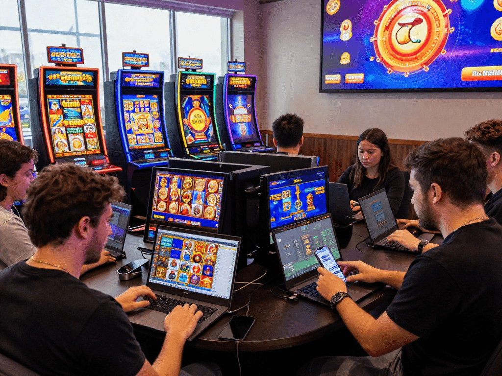 Engaging scene showcasing situs slot terbaru with players enjoying modern slot games on various devices in a lively casino environment.