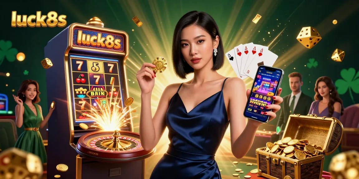 Experience excitement at luck8s with a stunning Asian dealer holding a casino app and golden chip amidst thrilling gaming elements.