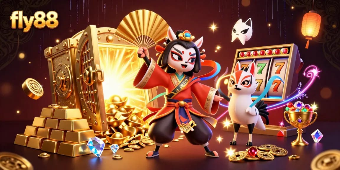 Engage with fly88's vibrant 3D illustration showcasing exciting casino elements and a kabuki warrior.