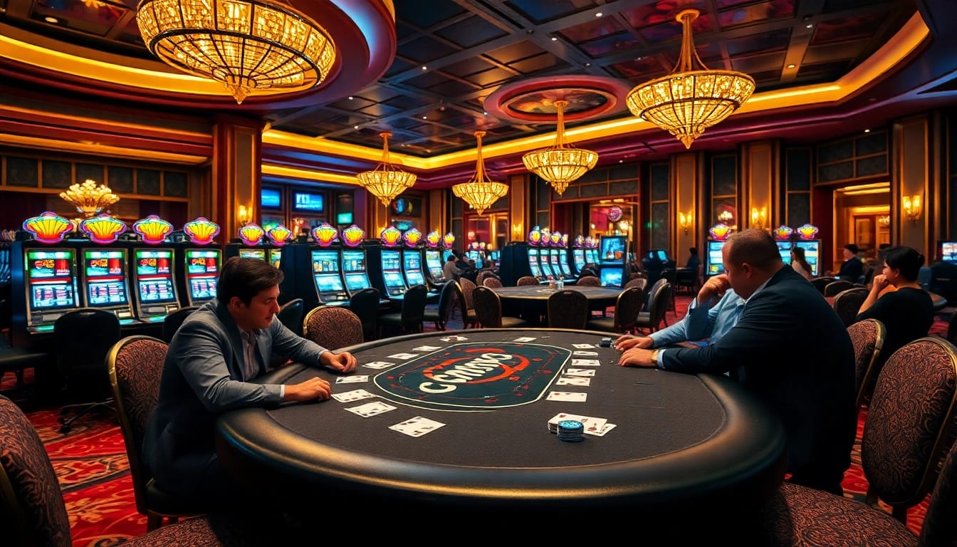Players engaged in a thrilling poker game at CM88 casino table, showcasing excitement and luxury.