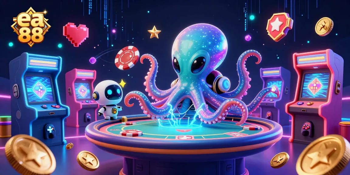 Engaging 3D scene with the ea 88 poker table operated by a cartoon alien octopus and a tiny robot.