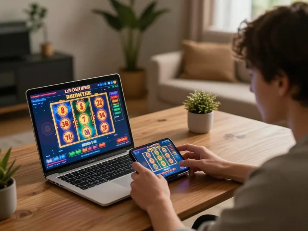 Experience thrilling online gaming with LGOSUPER's vibrant slot games on laptop.