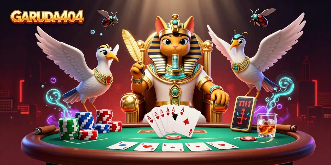 Experience thrilling gameplay with GARUDA404 featuring an Egyptian pharaoh cat and poker elements.