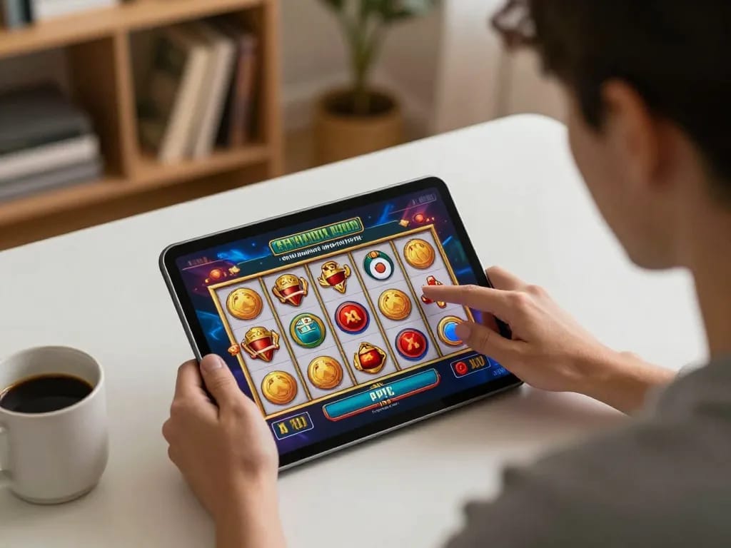 Rasakan permainan yang mendebarkan di OKESLOT dengan mesin slot berwarna-warni yang ditampilkan di tablet, menunjukkan keterlibatan strategis.