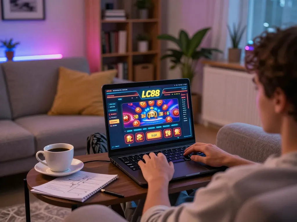 Engaged player using LC88 online casino platform on laptop in cozy living room setting.