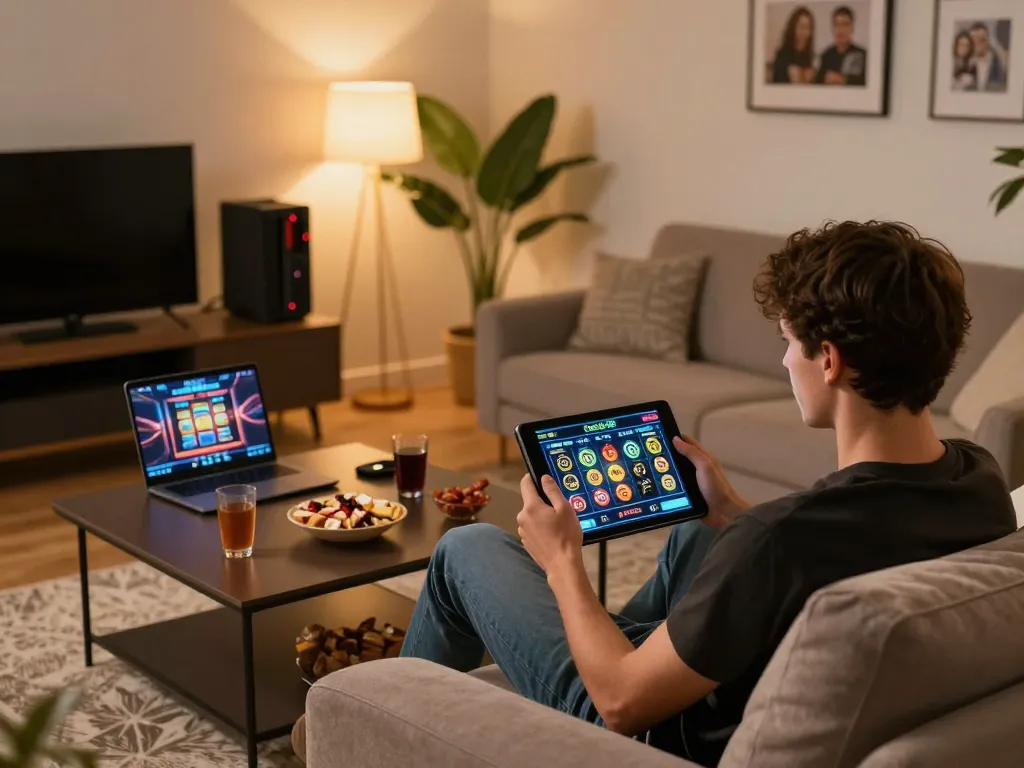 Bergabung dengan opsi slot dasi4d di tablet dalam pengaturan permainan rumah yang nyaman, menunjukkan suasana santai.