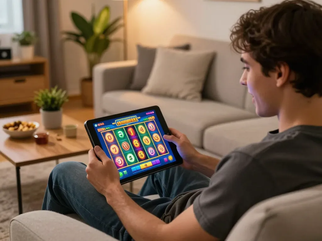 Spinning slot reels on a tablet in a cozy living room promoting responsible gambling