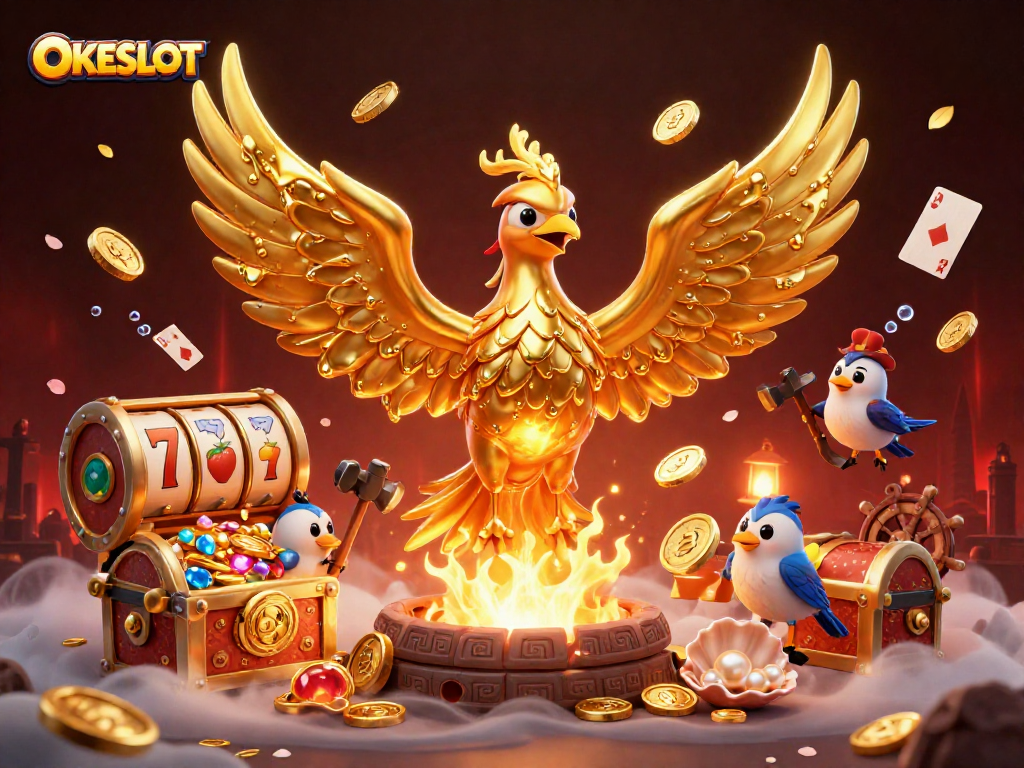 OKESLOT menawarkan pengalaman bermain slot dengan phoenix emas dan harta karun di lautan.