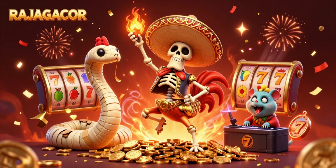 RAJAGACOR merayakan kemenangan dengan skeleton mariachi dan slot gacor yang menari di atas koin emas.