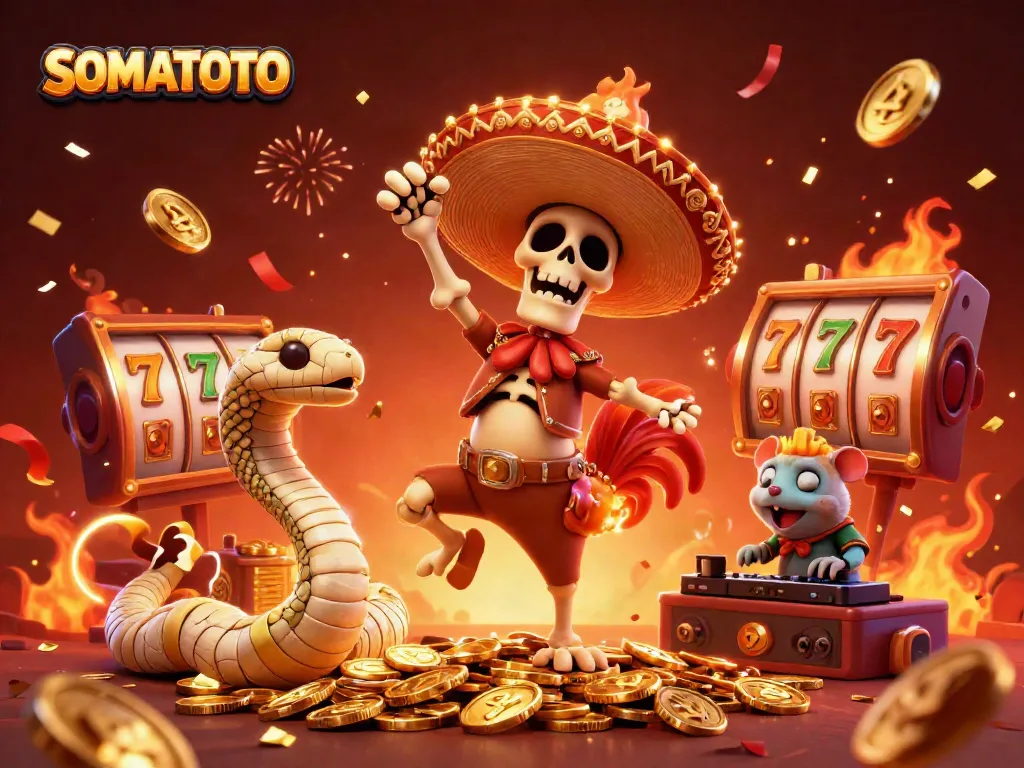 SOMATOTO's vibrant victory scene featuring a dancing mariachi rooster, mummy snake, and DJ hamster among slot reels and golden coins.