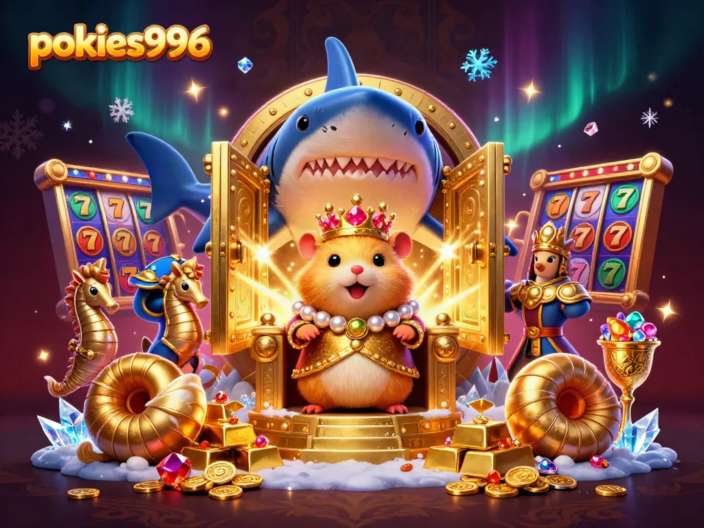 Spin and win with pokies996 surrounded by treasures and lively characters in a vibrant casino scene.