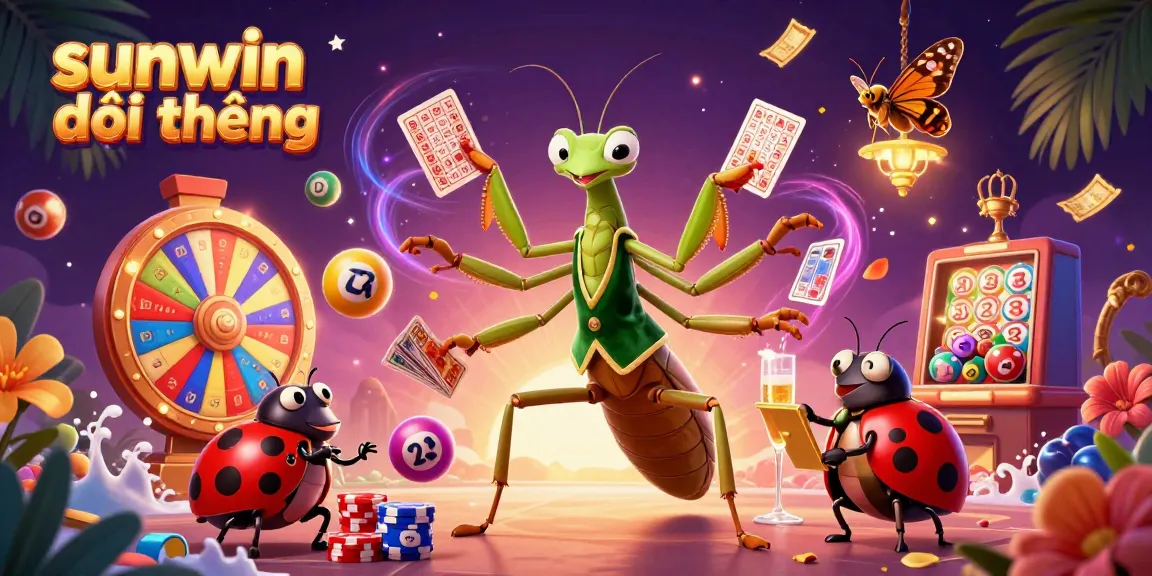Engaging scene featuring sunwin đổi thưởng with a giant praying mantis and ladybug pit boss surrounded by colorful lottery elements.