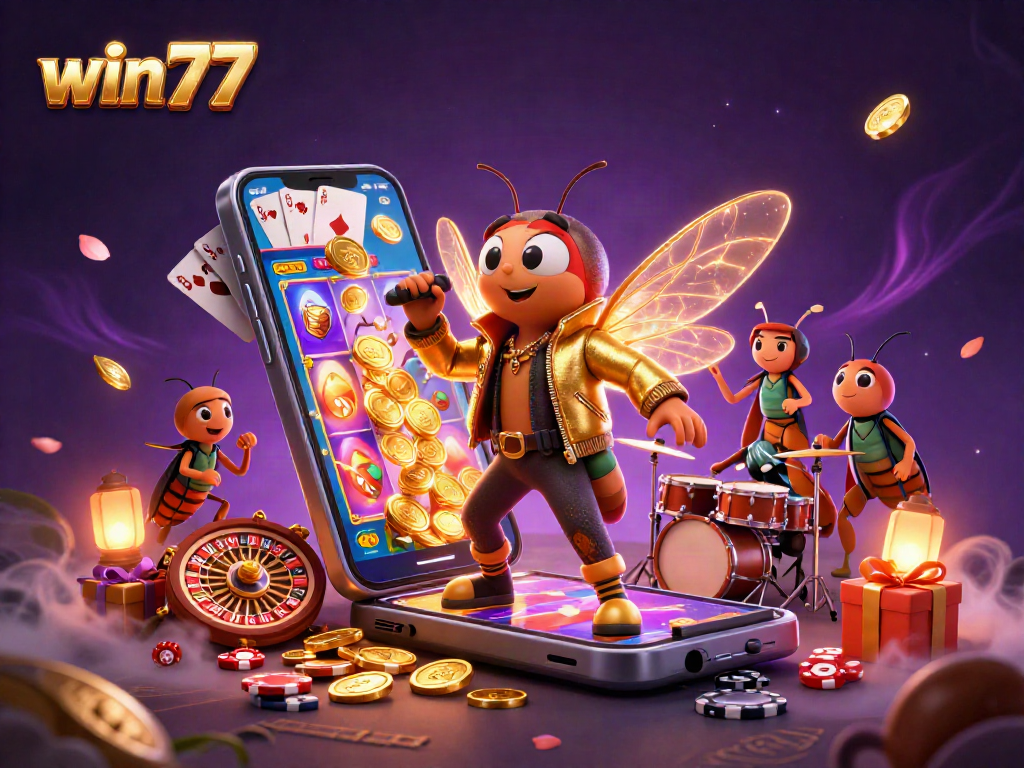 Menangkan jackpot slot dengan win77 dalam ilustrasi kasino 3D unik yang kaya detail.