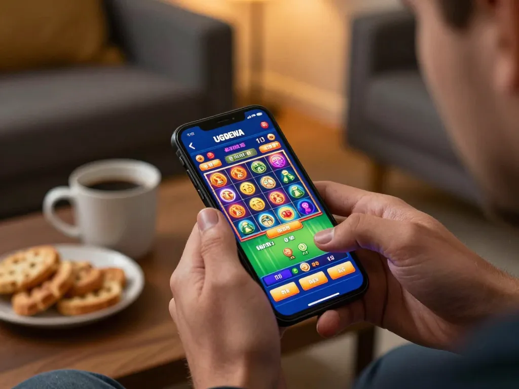 Player using UGDEWA app for slot gaming on smartphone, showcasing colorful game interface in a cozy atmosphere.