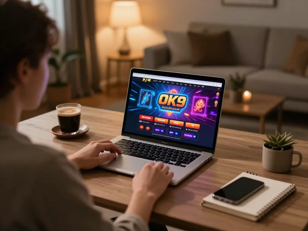Engaging online gaming session with OK9 casino interface on laptop, creating a vibrant gambling atmosphere.