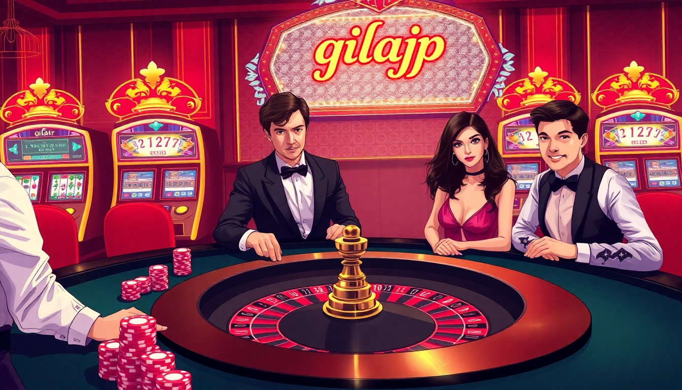 Players enjoying a luxury casino experience with gilajp-themed roulette and dazzling poker chips.