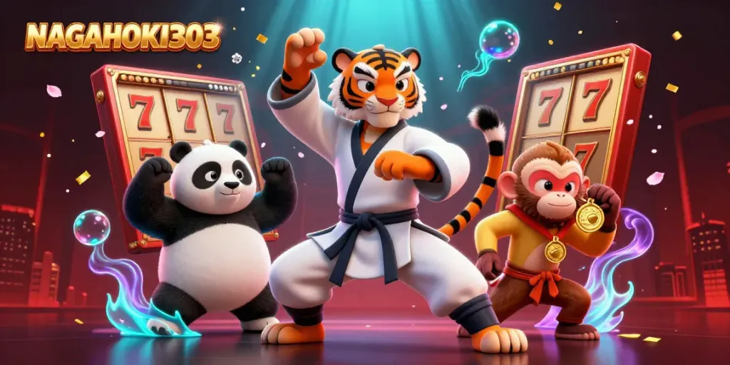 NAGAHOKI303 slots come alive with a kung fu tiger master, panda disciple, and mischievous monkey surrounded by gaming symbols.