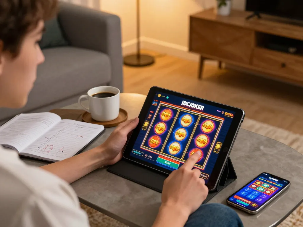 IDCJOKER player enjoying online slots at home, showcasing vibrant interface and strategic notes.