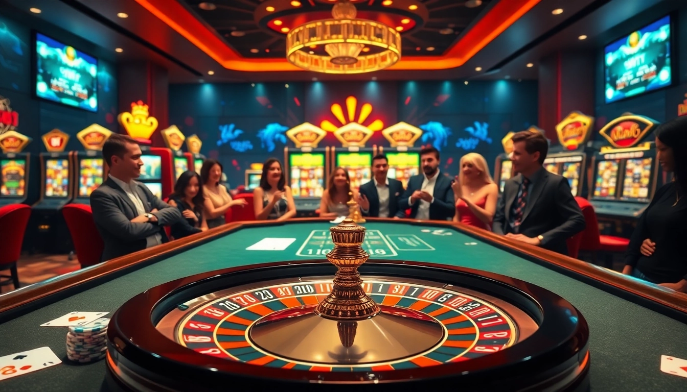 Engaging view of a casino table showcasing kèo nhà cái 5 with vibrant poker chips and lively players.