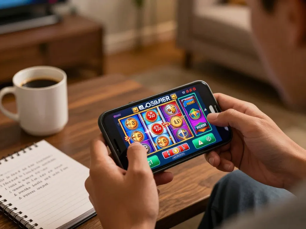 Playing LGOSUPER on a smartphone with vibrant slot visuals in a cozy setting