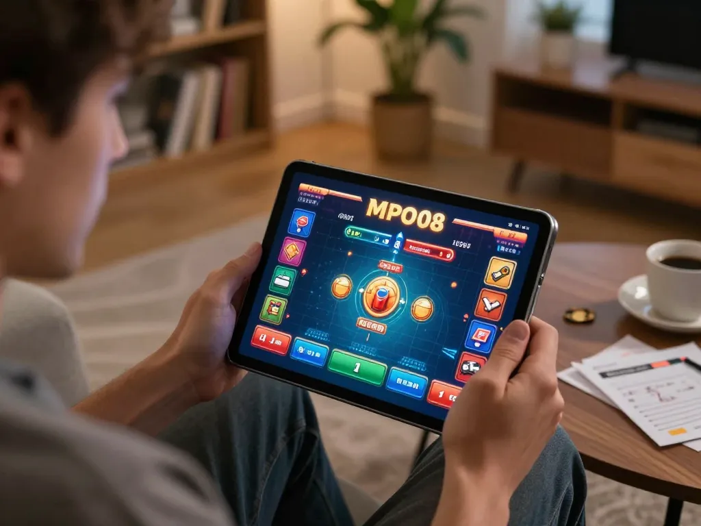 MPO08 app showcasing vibrant online gameplay in a cozy home gaming setup