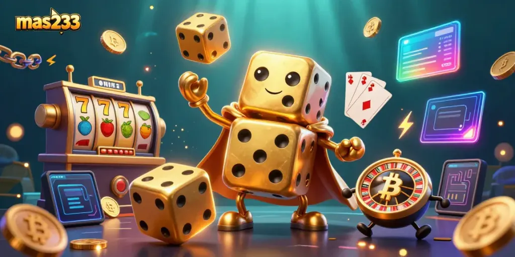 Gokilnya mas233 dengan dadu emas yang bergerak di atas slot dan koin crypto, penuh cahaya!