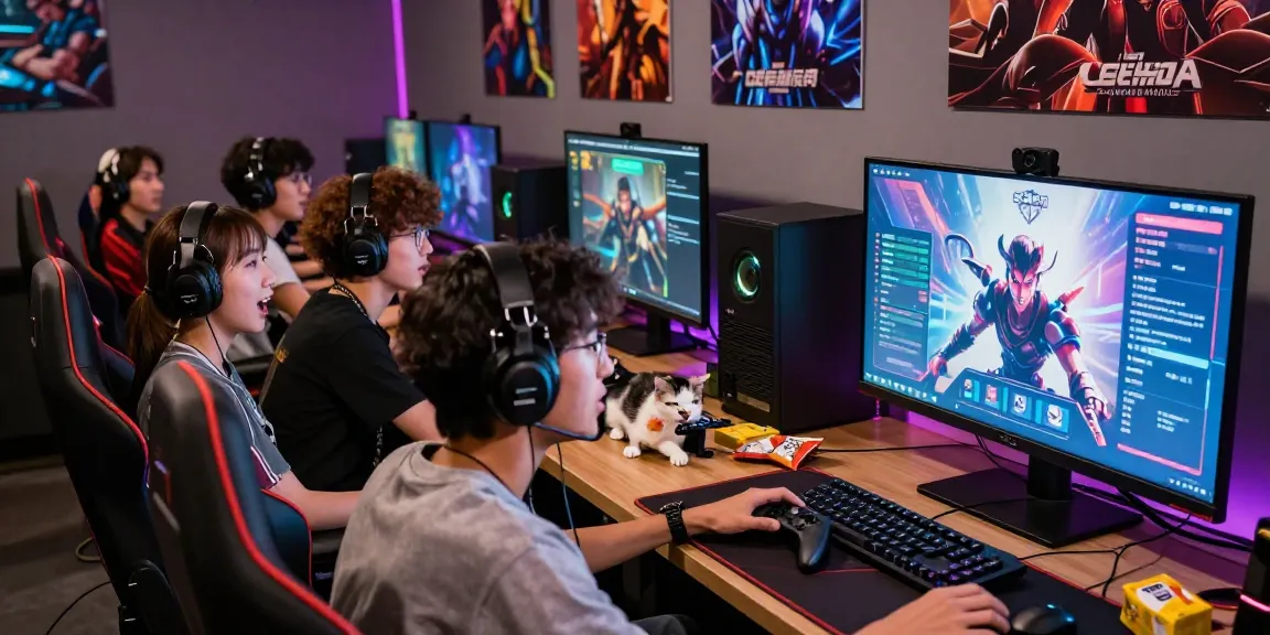 Suasana permainan ligagalaxy yang dinamis dengan gamer muda bersemangat mengelilingi layar besar.