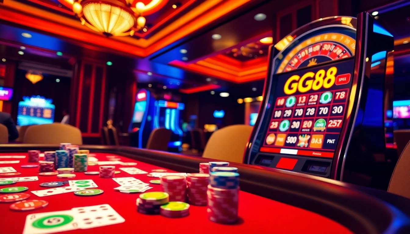 GG88 gaming thrills with poker chips and vibrant slots in a luxurious casino setting