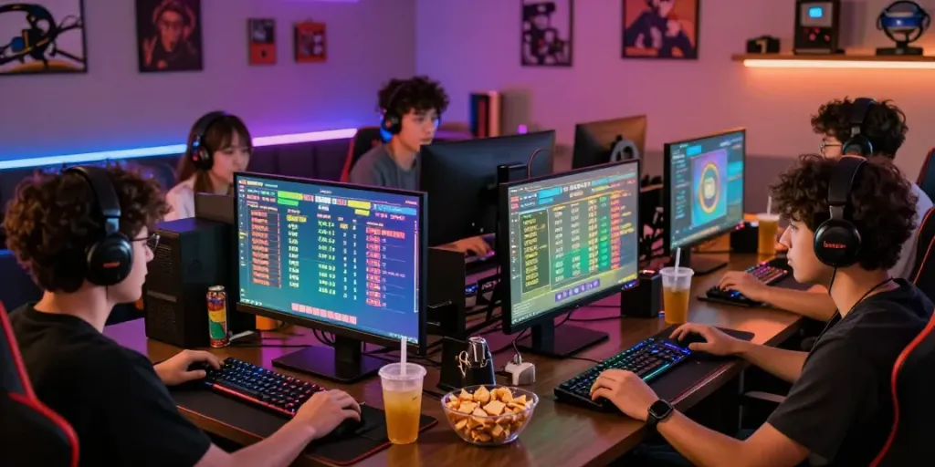 Pemain menikmati pengalaman natunatoto dengan semangat, dikelilingi layar yang menampilkan angka dan grafik prediksi.
