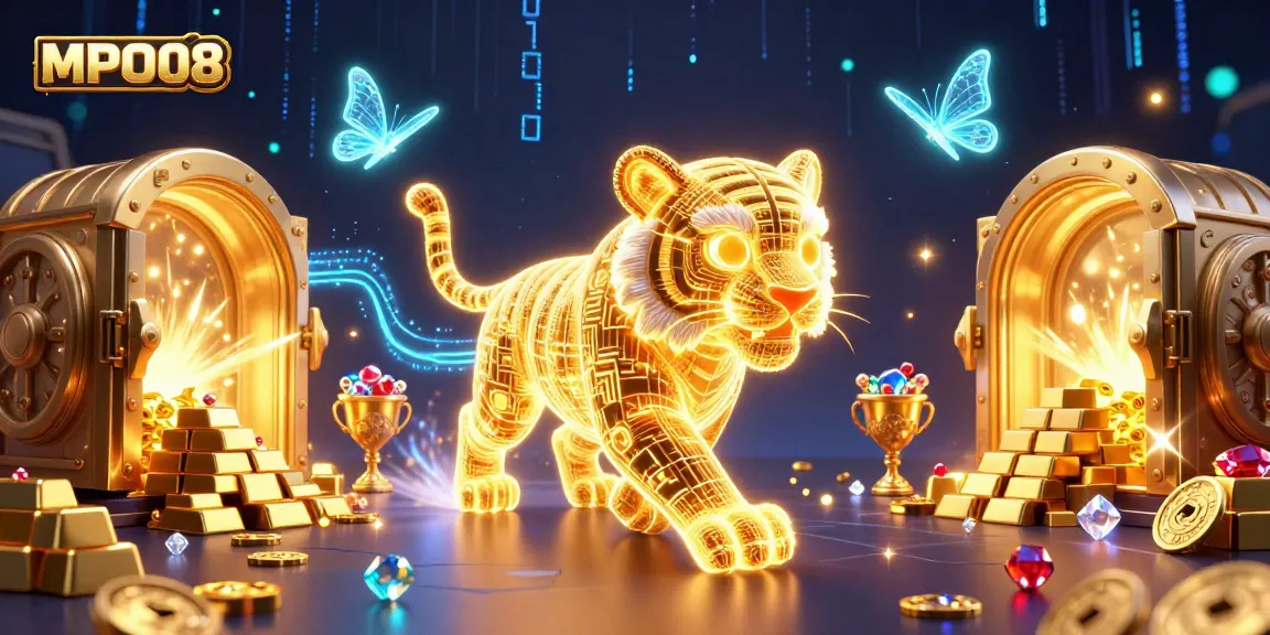 MPO08 showcases an interactive gaming experience featuring a golden tiger in a vibrant casino landscape bursting with treasures.