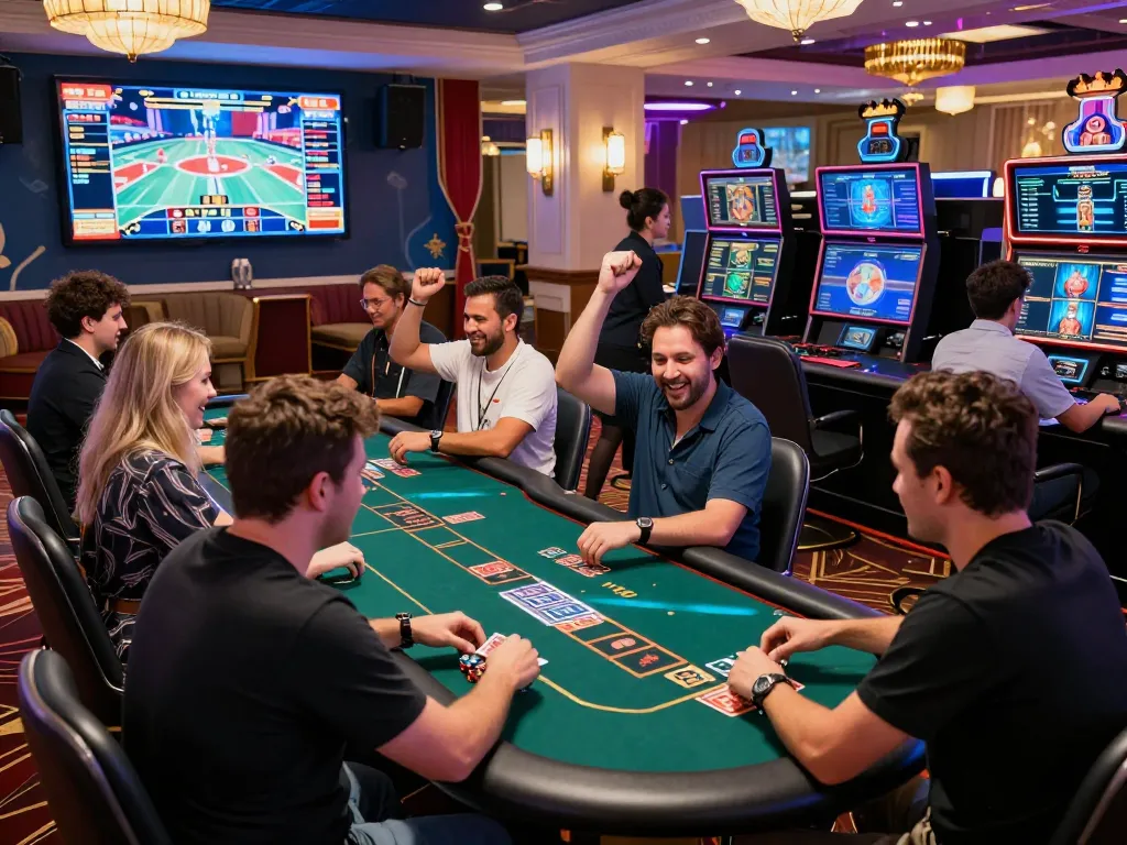 mantra88 login alternatif gaming experience with players celebrating wins in a vibrant casino setting