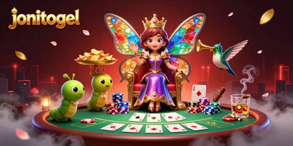 Join the exciting world of jonitogel and experience vibrant poker scenes with a butterfly queen and colorful chips.