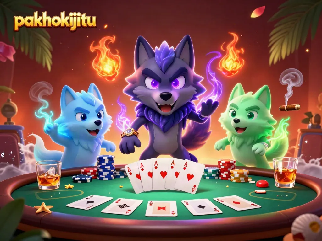 Menangkap keseruan taruhan poker di pakhokijitu dengan karakter serigala dan elemen kasino lainnya.
