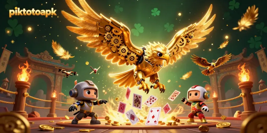 Piktotoapk showcases a dynamic scene with a cybernetic eagle, holographic cards, and vibrant casino elements.
