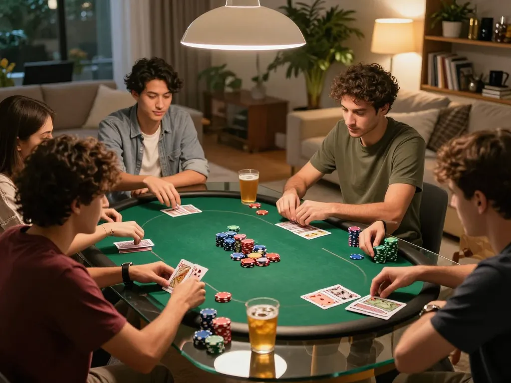 Friends enjoying a poker game at home, enhancing their curryexpress experience with strategy and interaction