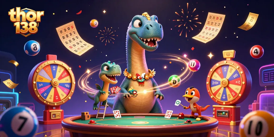 thor 138 mempersembahkan suasana kasino dengan dinosaurus dan raptor dalam ilustrasi bermain judi yang menarik.