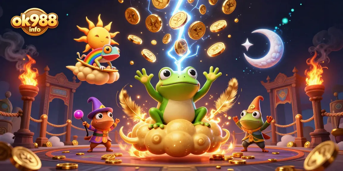 Engage with the magical world of ok988 info through an exciting casino illustration featuring the weather wizard frog and rainbow chameleon.