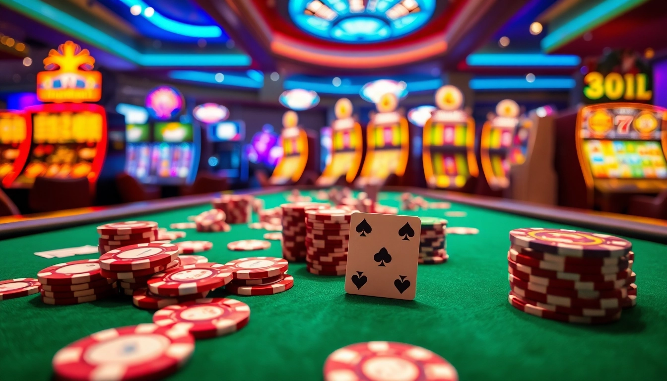 Jagoan86 players engaging with vibrant poker chips and cards at a stylish online casino table.