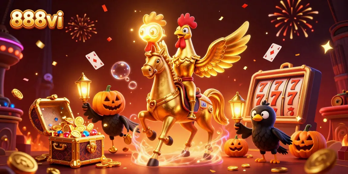 Engage in thrilling casino adventures with 888vi's golden rooster and spooky companions in this vibrant 3D artwork.