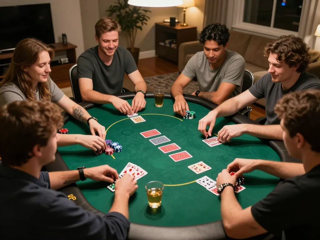 IDC88JOKER players enjoying a lively poker game night at home with cards and chips.