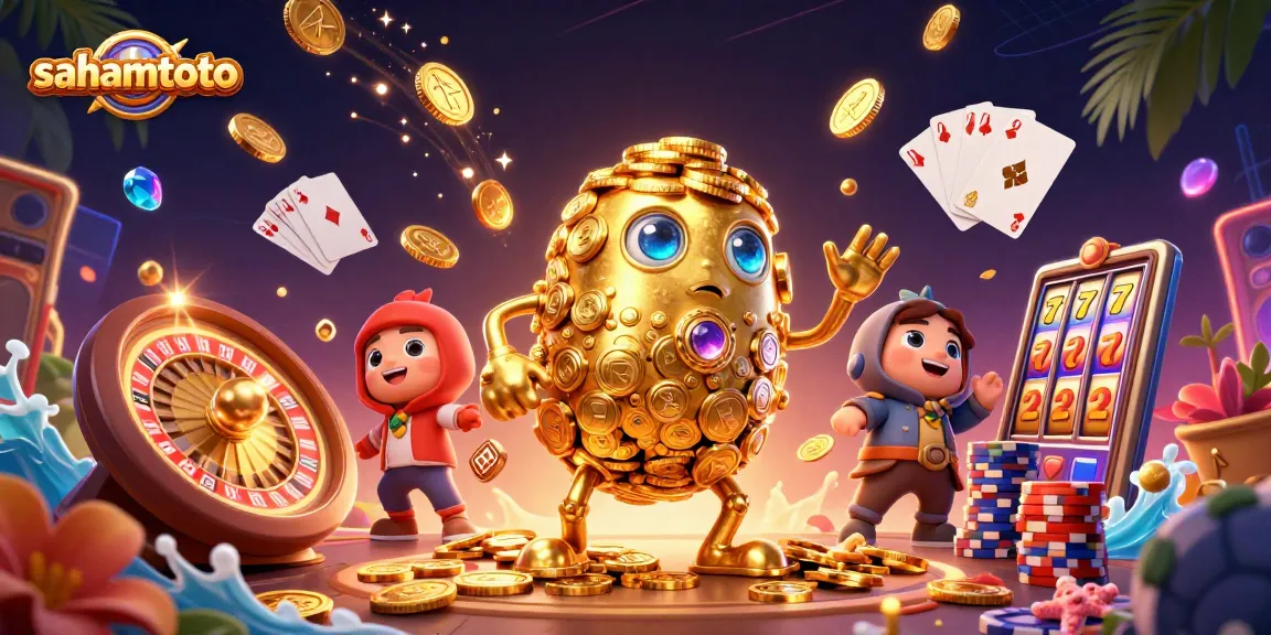 Gambarkan sahamtoto yang menang di kasino dengan simbol mesin slot dan koin emas melimpah.