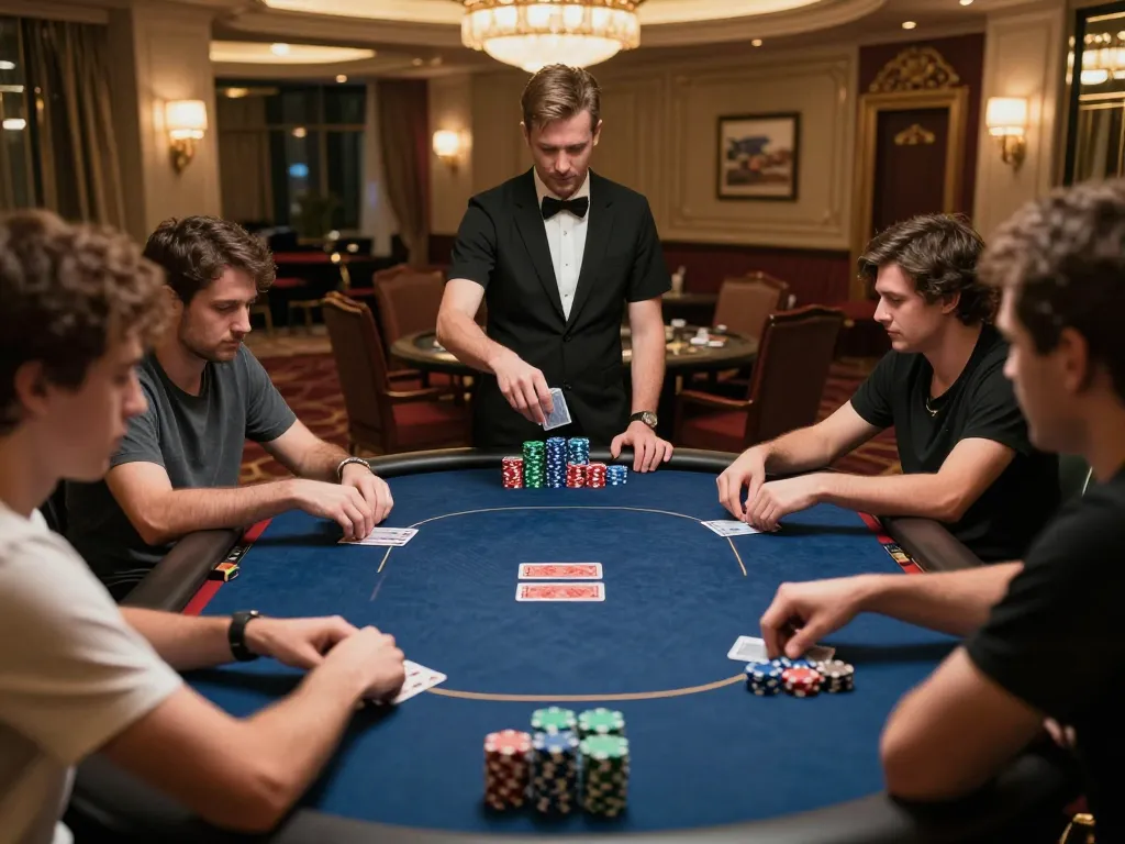 MPOID poker players strategizing their next move amid intense gameplay in a luxurious casino.