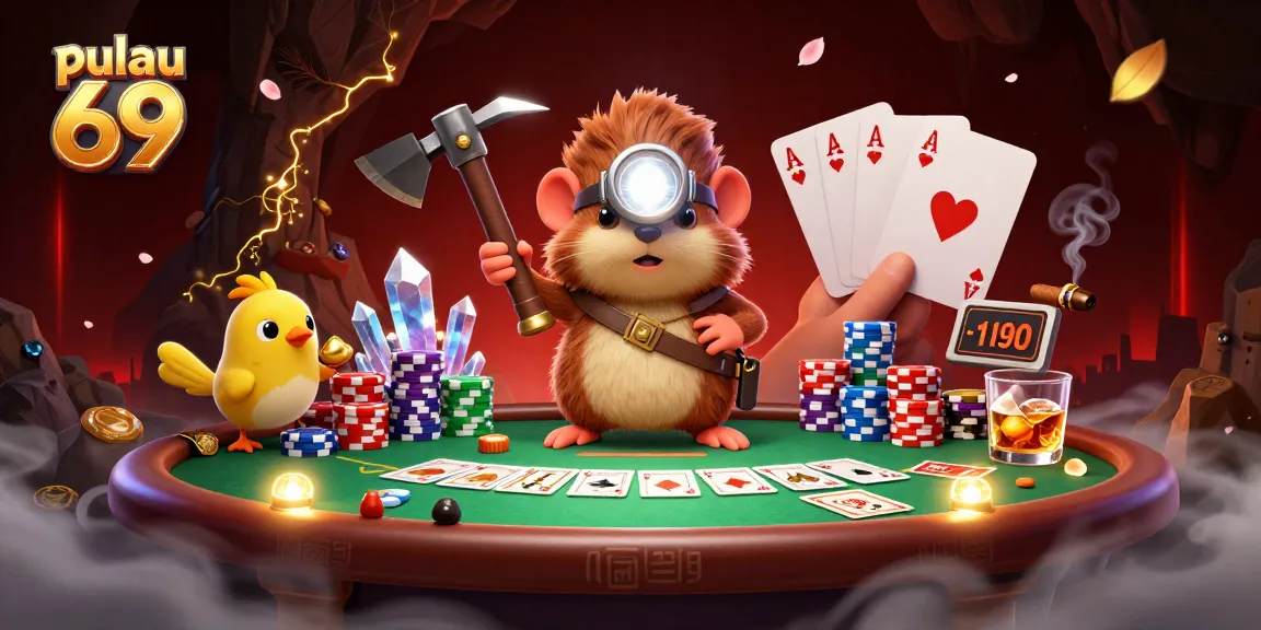Pulau 69 treasure hunter mole and canary amid poker chips, showcasing vibrant casino atmosphere.